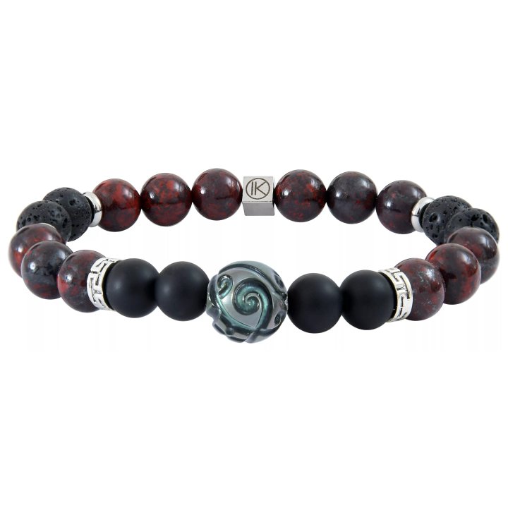 Pulsera con perla de Tahití grabada, jaspe rojo, ágata negra y piedra volcánica