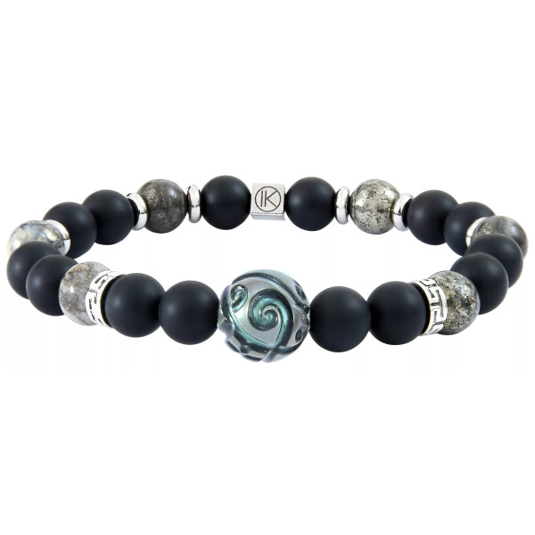 Bracelet perle de Tahiti gravée, Pyrite et Agate noire aspect dépoli