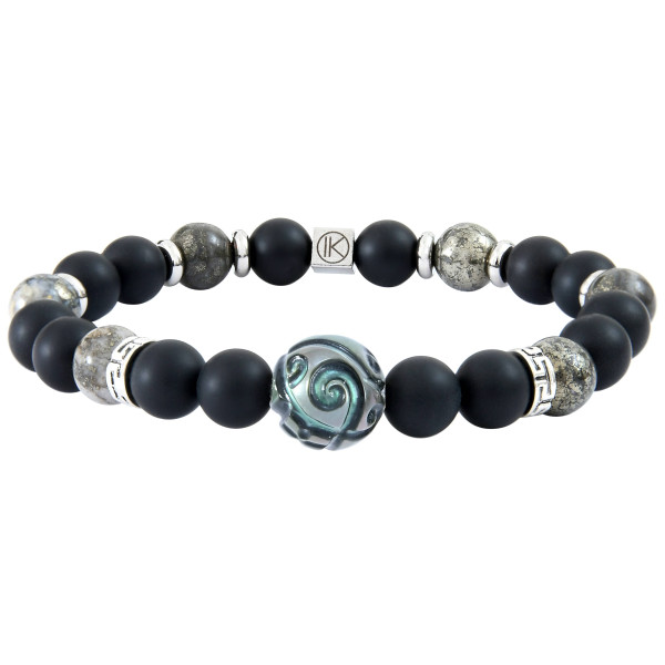 Bracelet with engraved Tahitian pearl, polished Pyrite and frosted black Agate