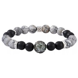 Engraved Tahitian pearl, grey landscape Jasper and frosted black Agate bracelet