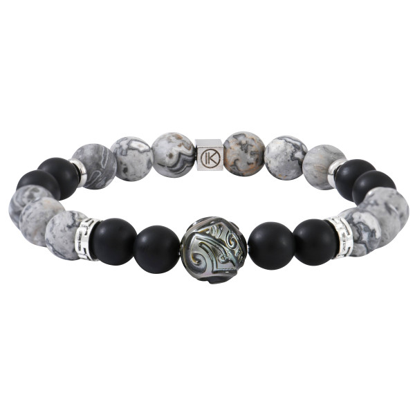 Engraved Tahitian pearl, grey landscape Jasper and frosted black Agate bracelet