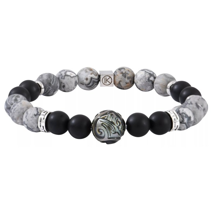 Pulsera con perla de Tahití grabada, jaspe paisaje gris y ágata negra de acabado mate