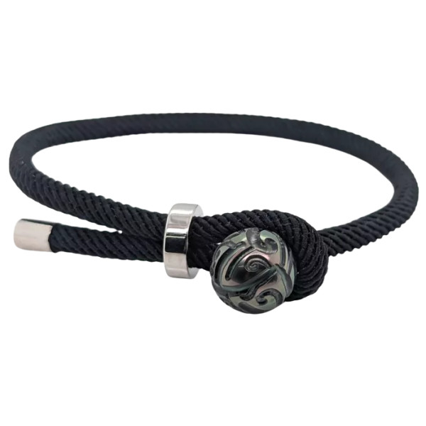 Adjustable black synthetic cord bracelet, engraved Tahitian pearl