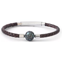 Pulsera de cuero trenzado color chocolate con perla de Tahití grabada