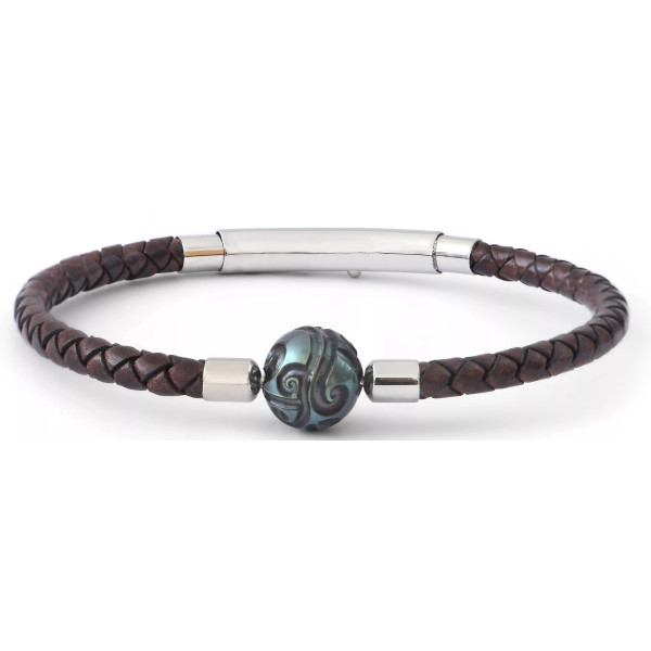 Bracelet cuir tressé chocolat, perle de Tahiti gravée