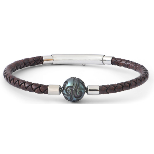 Chocolate plaited leather bracelet, engraved Tahitian pearl