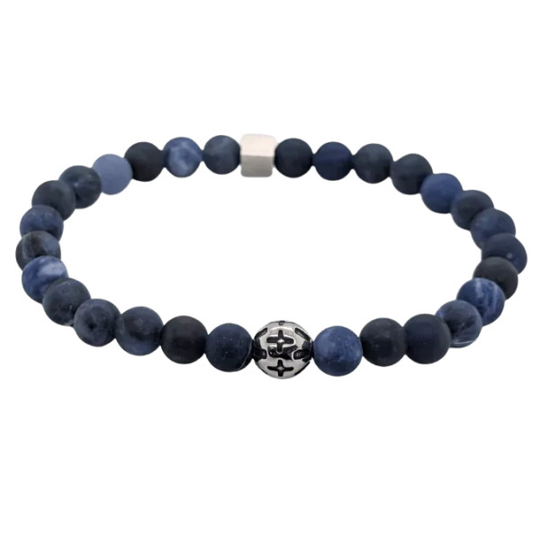 Bracelet Sodalite aspect dépoli et perle acier motif