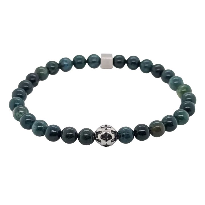 Armband aus Moosachat mit zentraler Stahlperle - 6mm