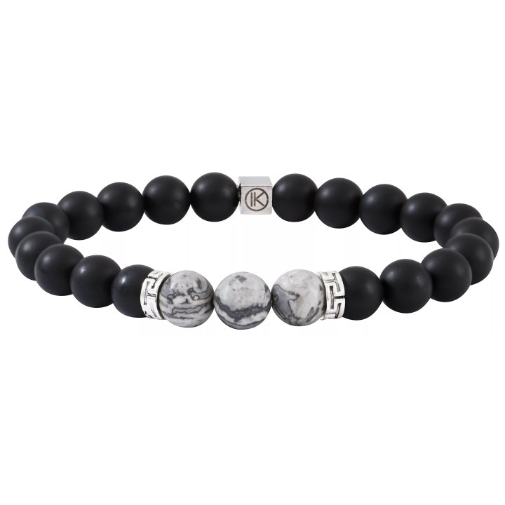 Armband aus grauem Landschaftsjaspis und mattem schwarzem Achat
