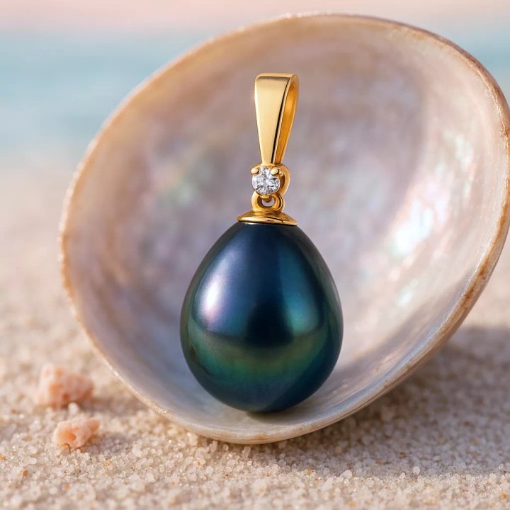 Perle de Culture de Tahiti forme Poire, monture or 18 k 0,32 g, diamant 0,01 ct.