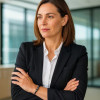 Femme élégante en tailleur noir portant le bracelet noir Gambier à trois perles de Tahiti, ambiance bureau.