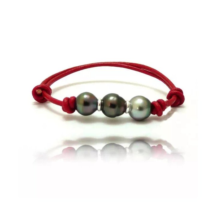 Bracciali in cotone con 3 perle di Tahiti cerchiate Tuamotu