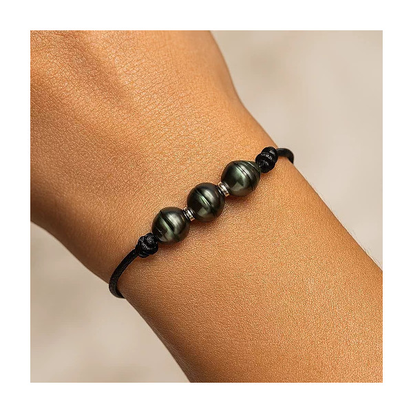 Cotton bracelet with 3 Tahitian pearls - Poemana