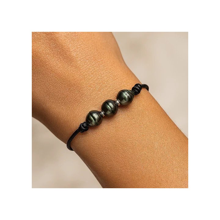 Pulseras de algodón con 3 perlas de Tahití con anillos Tuamotu
