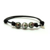 Bracelet coton noir avec trois perles de Tahiti cerclées et intercalaires en argent.