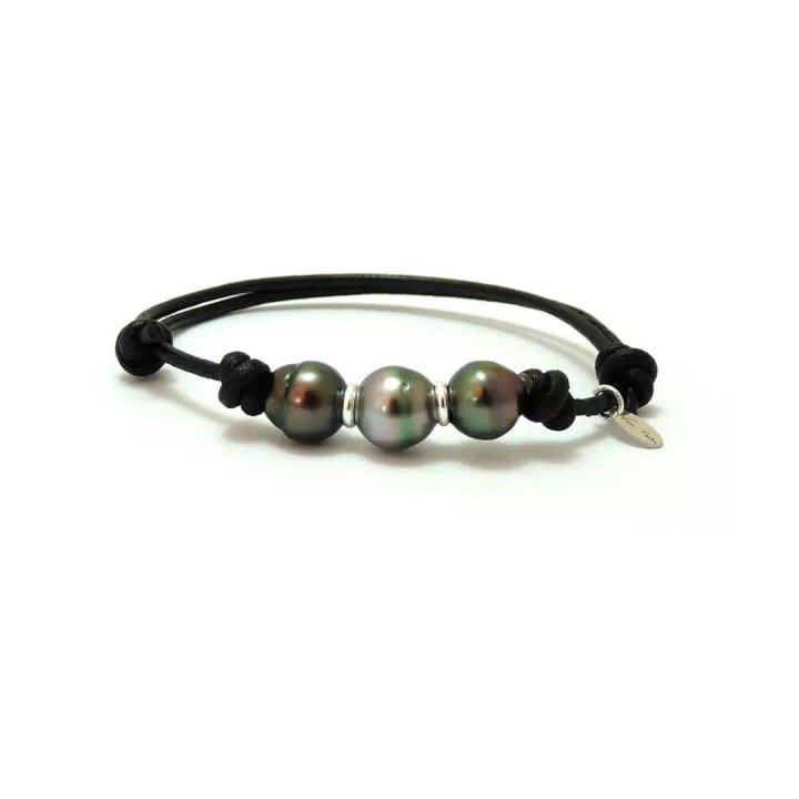 Bracciali in cotone con 3 perle di Tahiti cerchiate Tuamotu