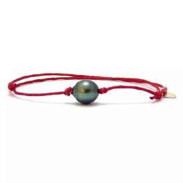 Bracelet rouge intense avec perle de Tahiti authentique cerclée, fabriqué en France