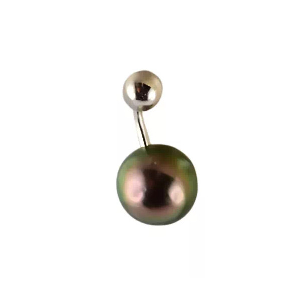 Navel jewelry in rhodium-plated 925 silver with round Tahitian pearl 8–9 mm