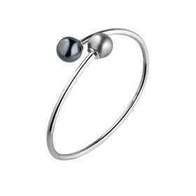 Bracelet toi et moi en argent 925 avec deux perles de Tahiti rondes, l’une vert profond et l’autre gris argenté