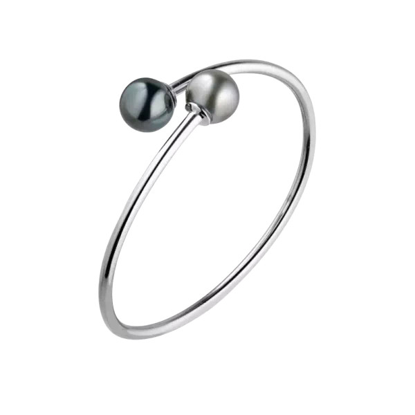 Toi et moi bracelet in 925 sterling silver with two round Tahitian pearls, one deep green and one silver gray