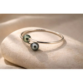 Bracelet ouvert toi et moi en argent massif 925, orné de deux perles de Tahiti rondes aux reflets naturels