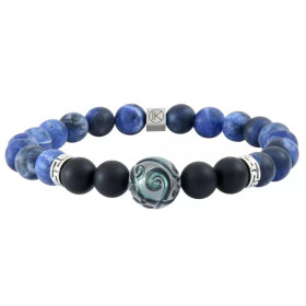 Bracelet perle de Tahiti gravée, Agate noire et sodalite, aspect dépoli