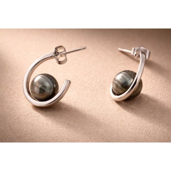Oreva – Sterling Silver Hoops with Circled Tahitian Pearls