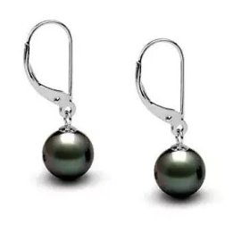 Sterling silver 925 leverback earrings with round Tahitian pearls, glossy black pearls, front view