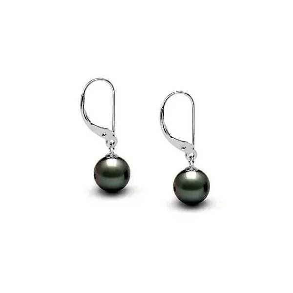 Boucles d’oreilles dormeuses en argent 925 avec perles de Tahiti rondes, perles noires brillantes, vue de face