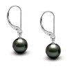 Boucles d’oreilles dormeuses en argent 925 avec perles de Tahiti rondes, perles noires brillantes, vue de face