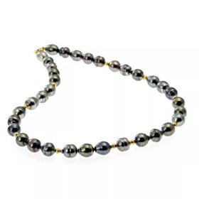 Eléa Tahitian pearl necklace with 10–11 mm circled pearls, alternating three pearls and one 18k yellow gold bead