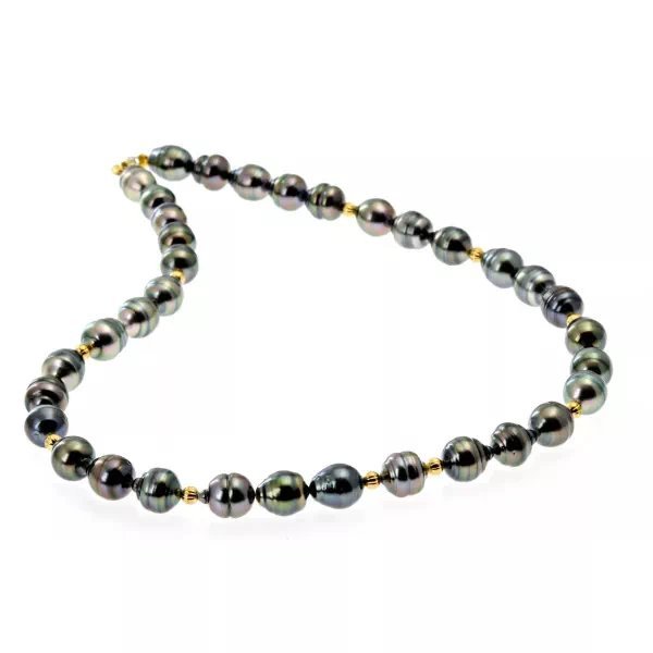 Collier Eléa en perles de Tahiti cerclées, rang alternant perles cerclées et billes en or jaune 18 carats