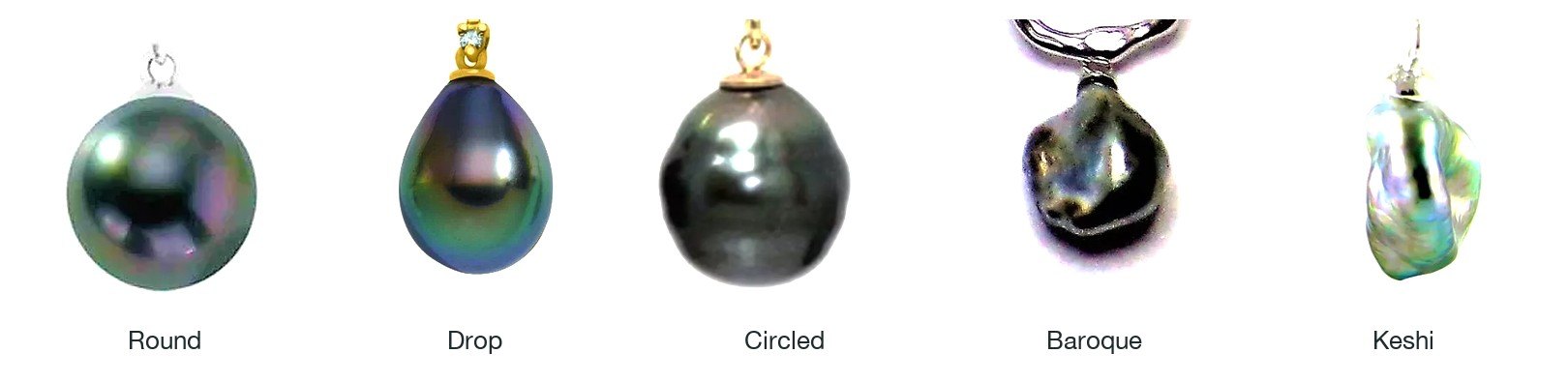 Shapes of Tahitian pearls, photos of our jewellery: round, drop, circled, baroque, keshi